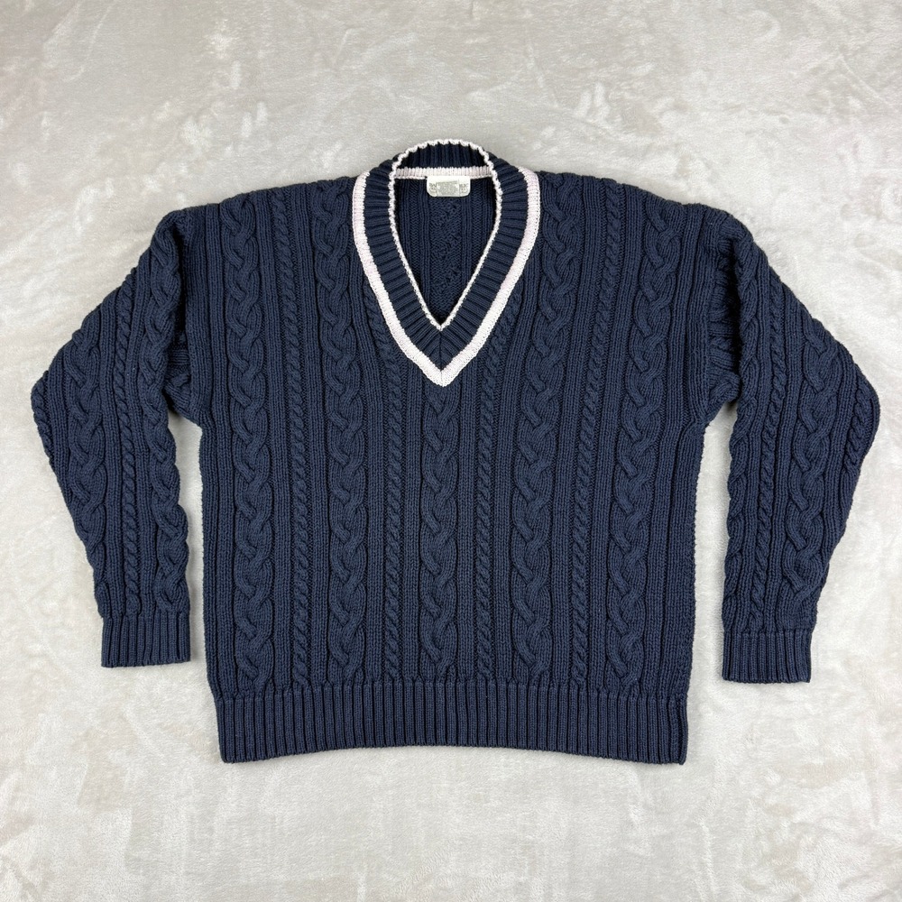 Vintage 90s Banana Republic Sweater Men L Navy Blue V-Neck Fisherman Cable Knit